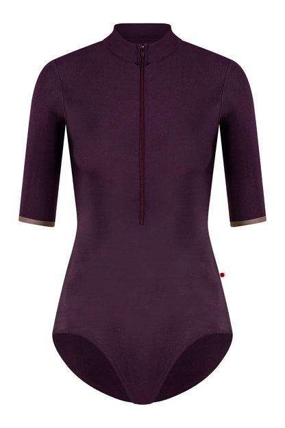 Charlotte leotard in N-Eggplant body color with N-Star trim color and half sleeves