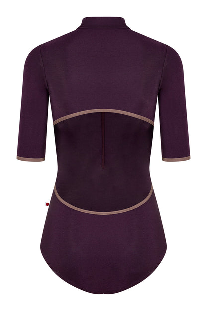 Charlotte leotard in N-Eggplant body color with N-Star trim color and half sleeves