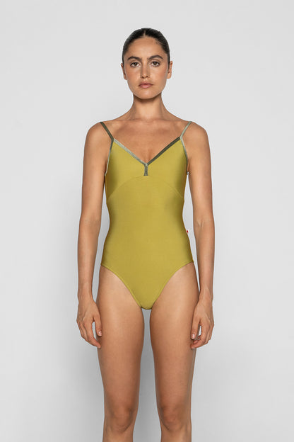 Daria leotard in N-Cricket body & top color with V-Safari trim color