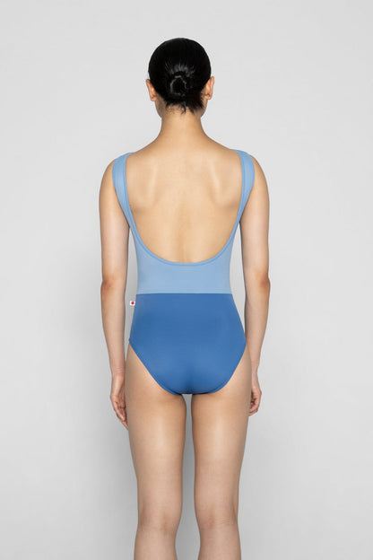 Didi leotard in T-Lapis body color with T-Bluebell top & trim color and T-Petal middle band color