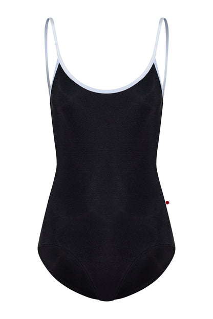 Fiona leotard in N-Black body color with Mesh Black top color and V-Serenade trim color