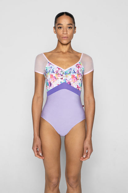 Elli Variation 1 Black Label leotard in N-Poem body color with Floral Print & Mesh Rose top color, N-Rose trim color and T-Wisteria middle band color