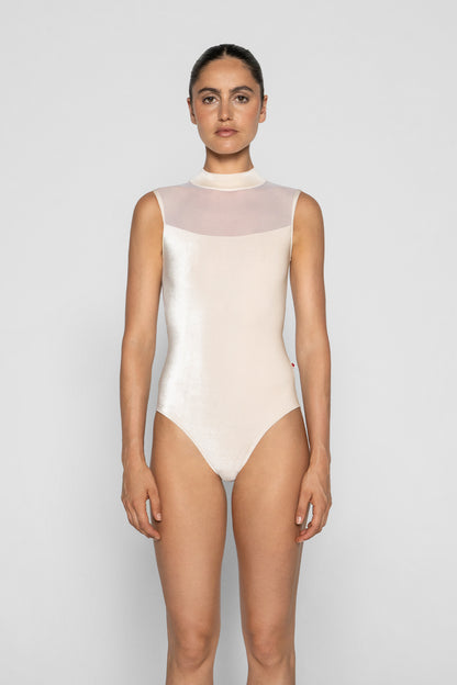 Camila leotard in V-Buttermilk body color with Mesh White top color and N-Pearl trim color