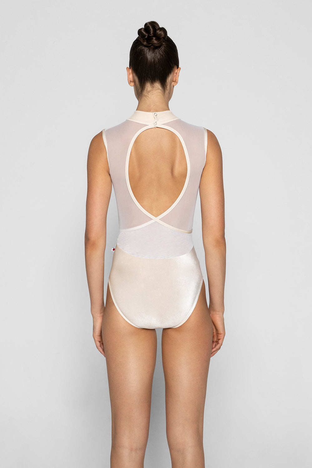 Camila leotard in V-Buttermilk body color with Mesh White top color and N-Pearl trim color