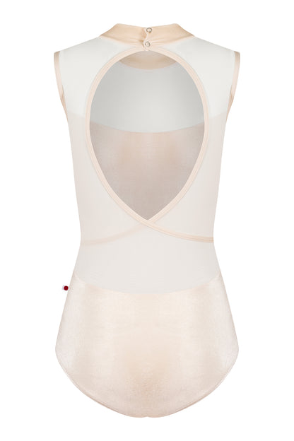 Camila leotard in V-Buttermilk body color with Mesh White top color and N-Pearl trim color