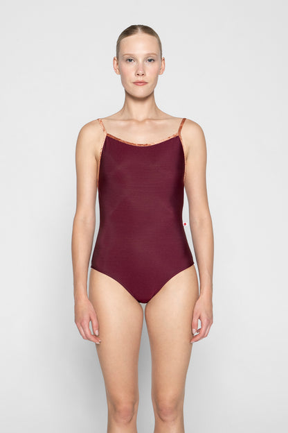 Heather leotard in N-Burgundy body color with CV-Amaretto trim color