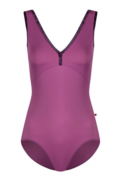 Alicia leotard in T-Vineyard body & top color with CV-Eggplant trim color