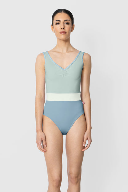 Lucy leotard in T-Fog body color with T-Whisper top color, CV-Ice trim color and T-Pistachio middle band color