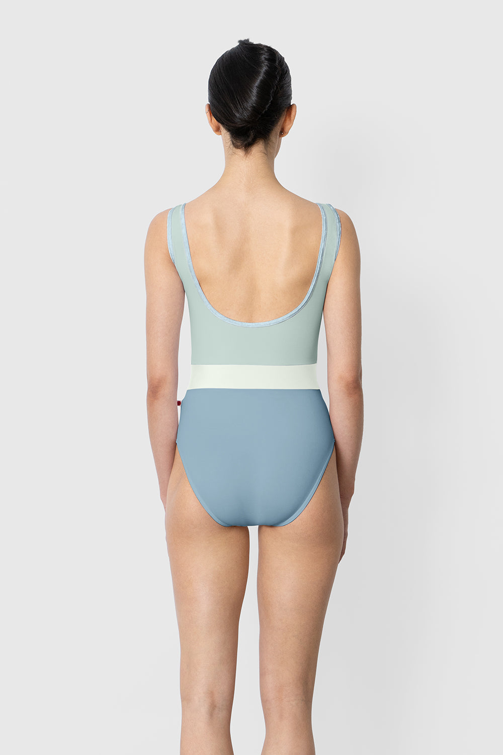 Lucy leotard in T-Fog body color with T-Whisper top color, CV-Ice trim color and T-Pistachio middle band color