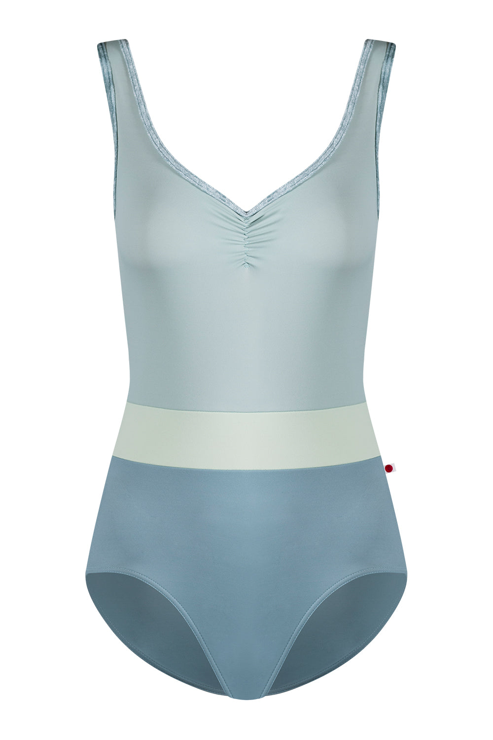 Lucy leotard in T-Fog body color with T-Whisper top color, CV-Ice trim color and T-Pistachio middle band color
