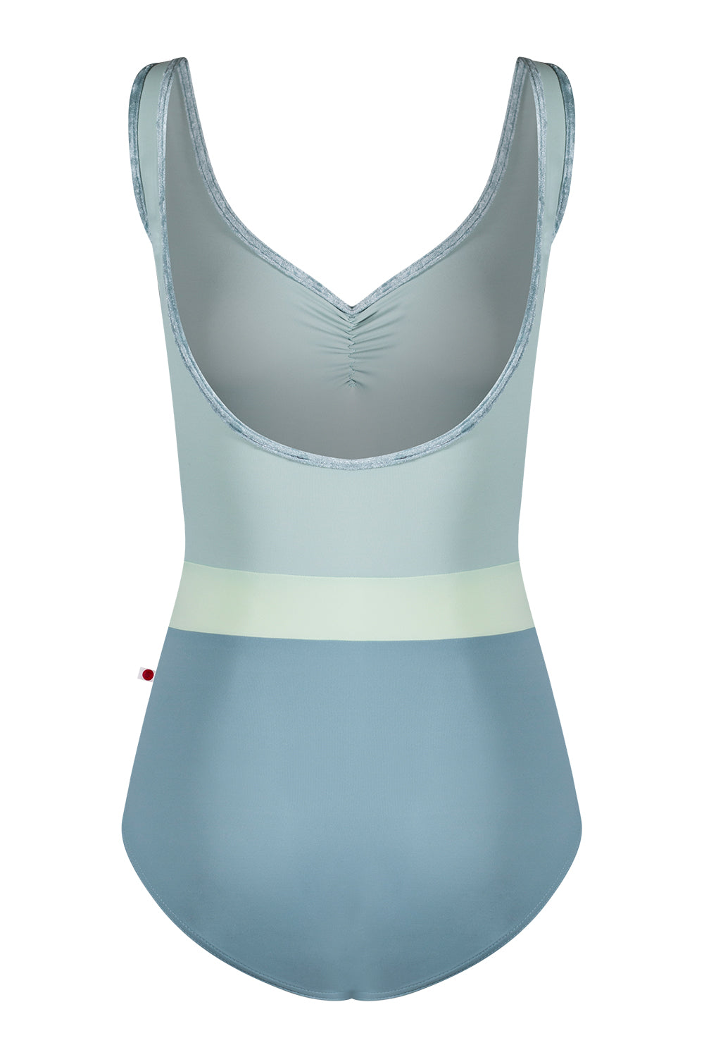 Lucy leotard in T-Fog body color with T-Whisper top color, CV-Ice trim color and T-Pistachio middle band color
