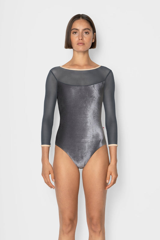 Olivia leotard in V-Steel body color with Mesh Titanium top color & 3Q sleeves and V-Buttermilk trim color