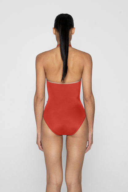 Jaione leotard in T-Riad body color with T-Sepia trim color