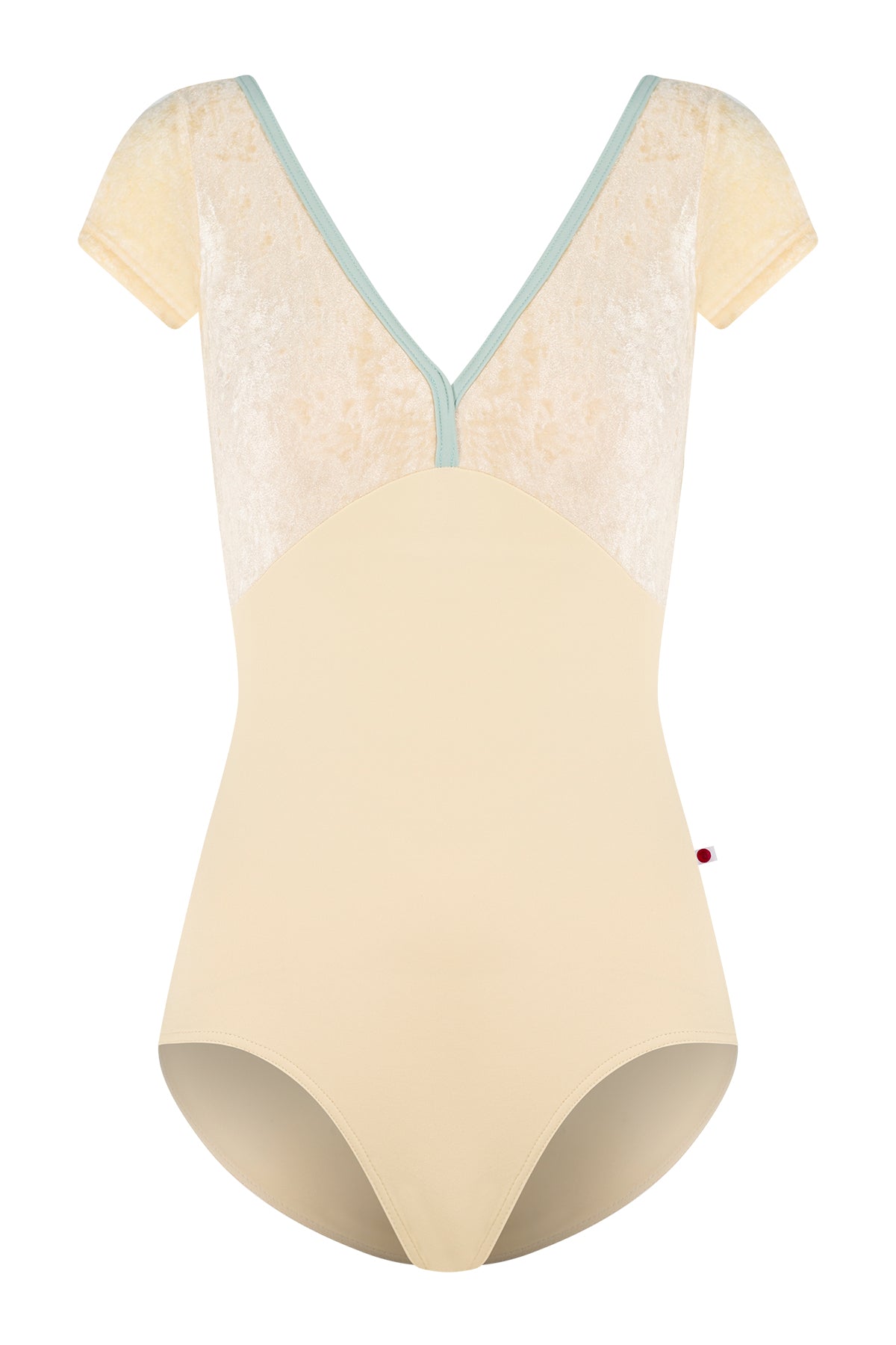 Alicia leotard, vanilla yellow with a vanilla yelllow crushed-velvet cap-sleeve bodice and pale-mint V-neck trim.