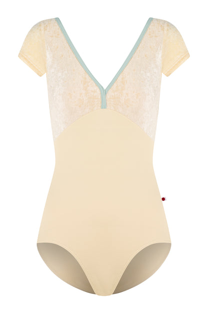 Alicia leotard, vanilla yellow with a vanilla yelllow crushed-velvet cap-sleeve bodice and pale-mint V-neck trim.