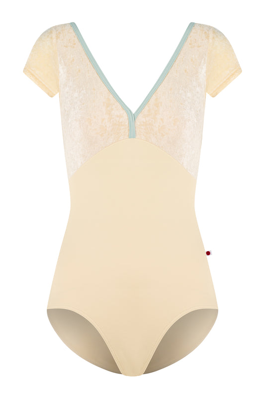 Alicia leotard, vanilla yellow with a vanilla yelllow crushed-velvet cap-sleeve bodice and pale-mint V-neck trim.