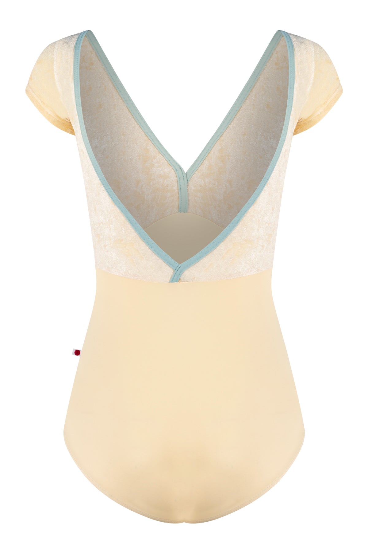 Alicia leotard, vanilla yellow with a vanilla yelllow crushed-velvet cap-sleeve bodice and pale-mint V-neck trim.