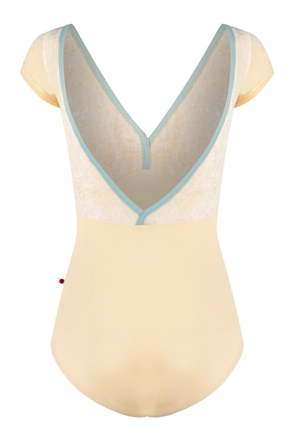 Alicia leotard, vanilla yellow with a vanilla yelllow crushed-velvet cap-sleeve bodice and pale-mint V-neck trim.