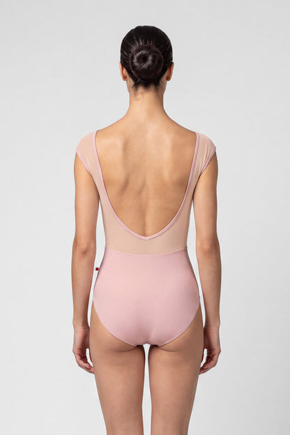 AI-generated model. Elli leotard, dusty-rose with a cream crushed-velvet ruched bust and blush mesh cap sleeves, V-neck.