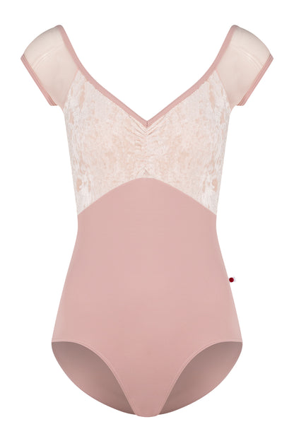 Elli leotard, dusty-rose with a cream crushed-velvet ruched bust and blush mesh cap sleeves, V-neck.