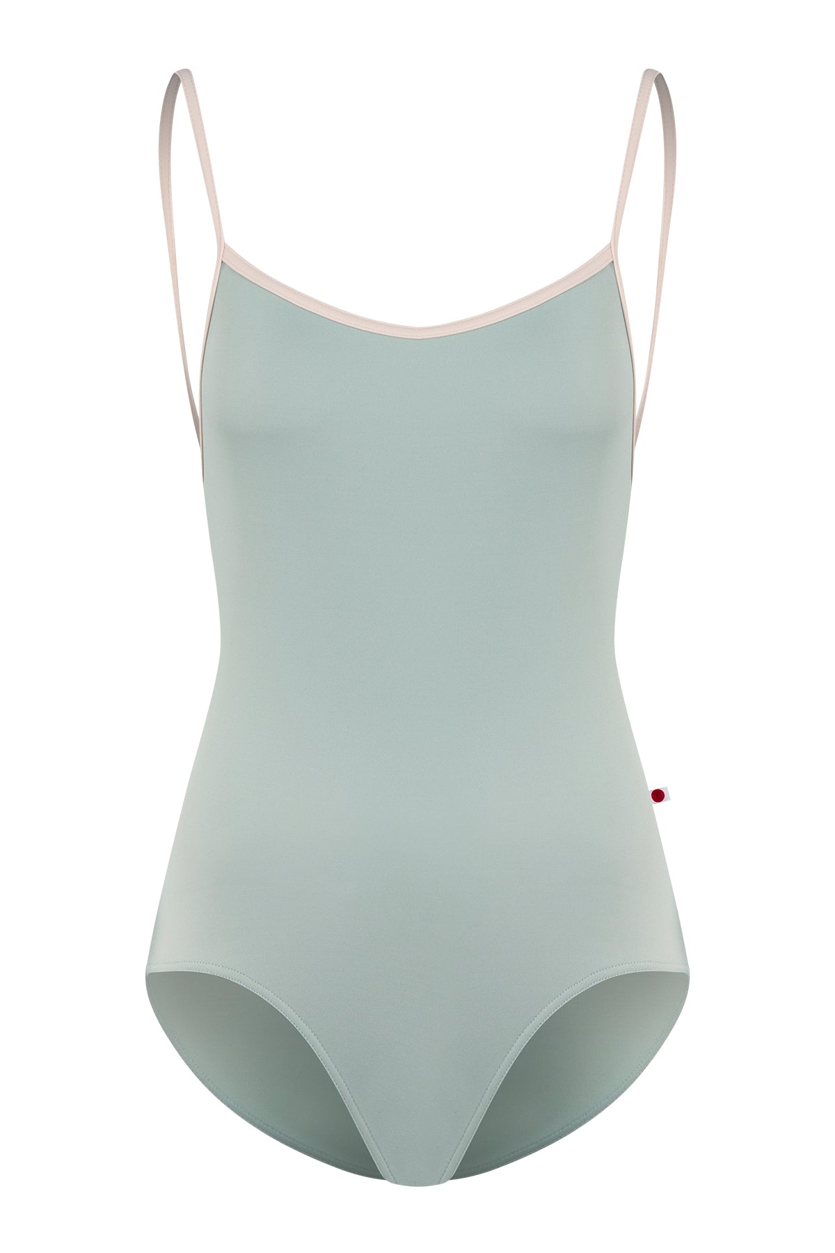 Heather leotard, pale sage-grey with thin blush straps and neckline trim.