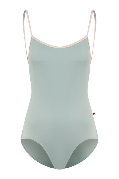 Heather leotard, pale sage-grey with thin blush straps and neckline trim.