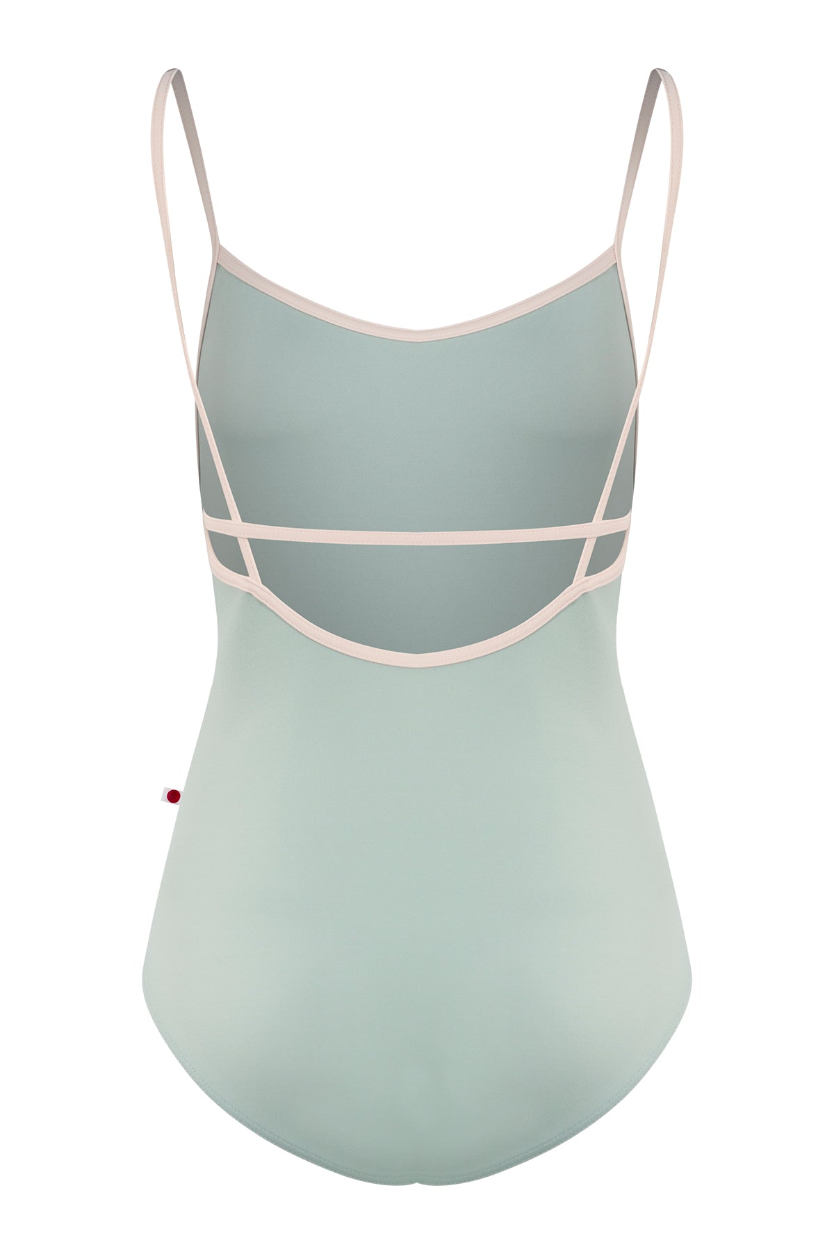 Heather leotard, pale sage-grey with thin blush straps and neckline trim.