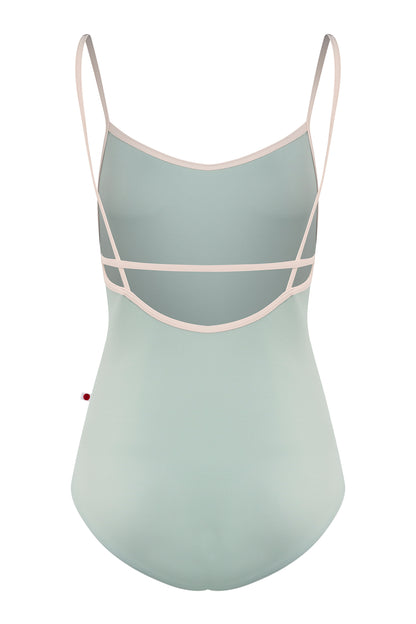 Heather leotard, pale sage-grey with thin blush straps and neckline trim.