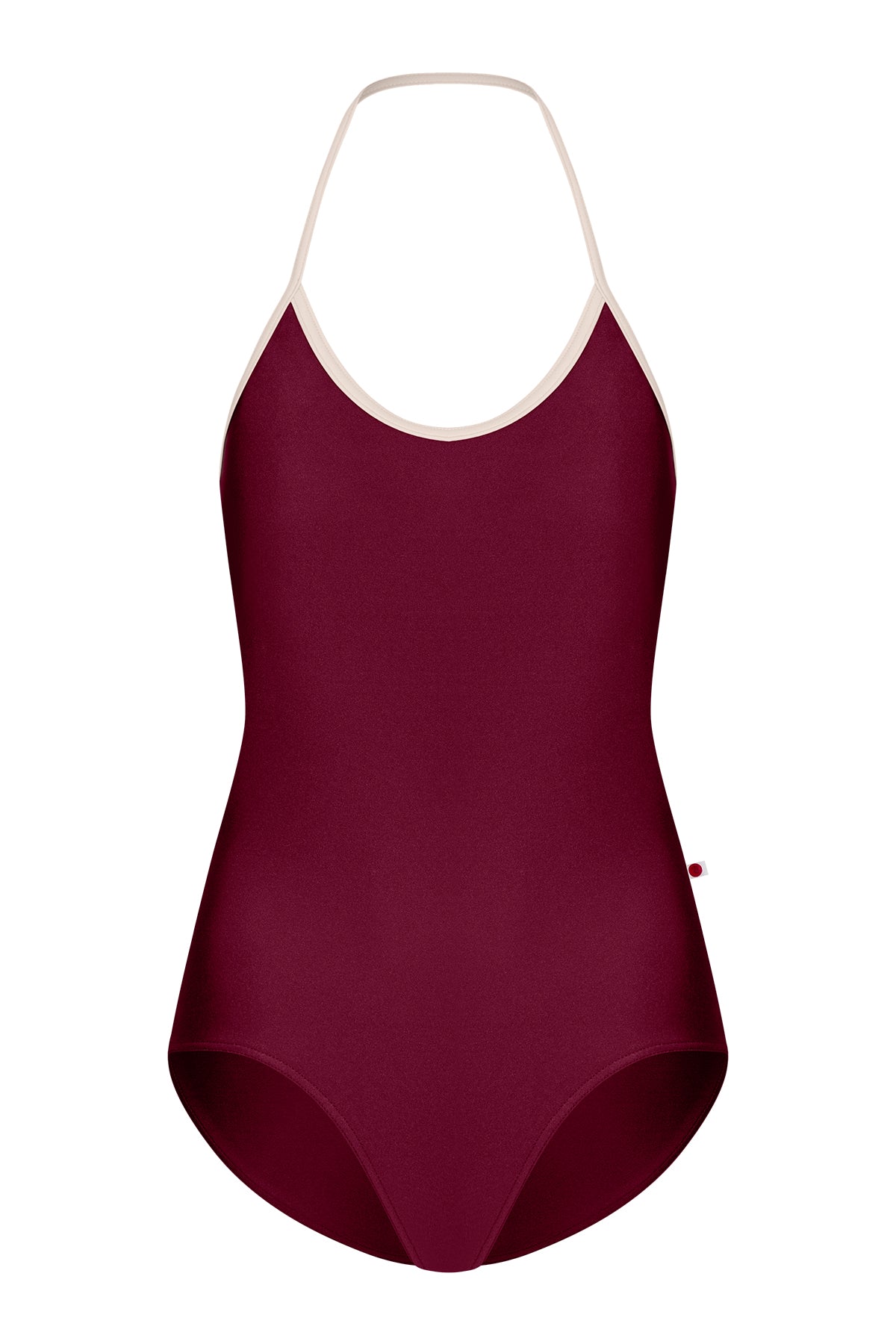 Kate leotard, deep-burgundy with a cream-trimmed halter neckline and open back.