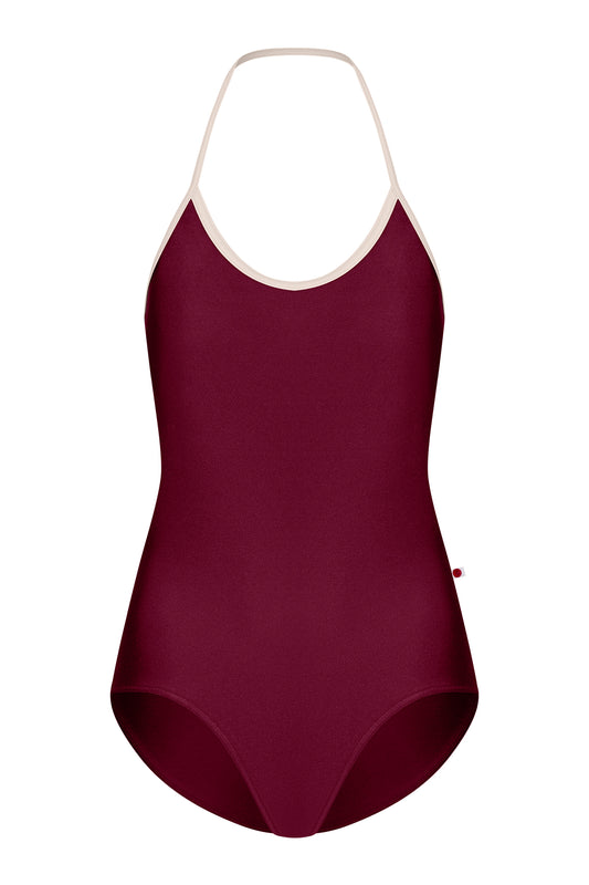 Kate leotard, deep-burgundy with a cream-trimmed halter neckline and open back.