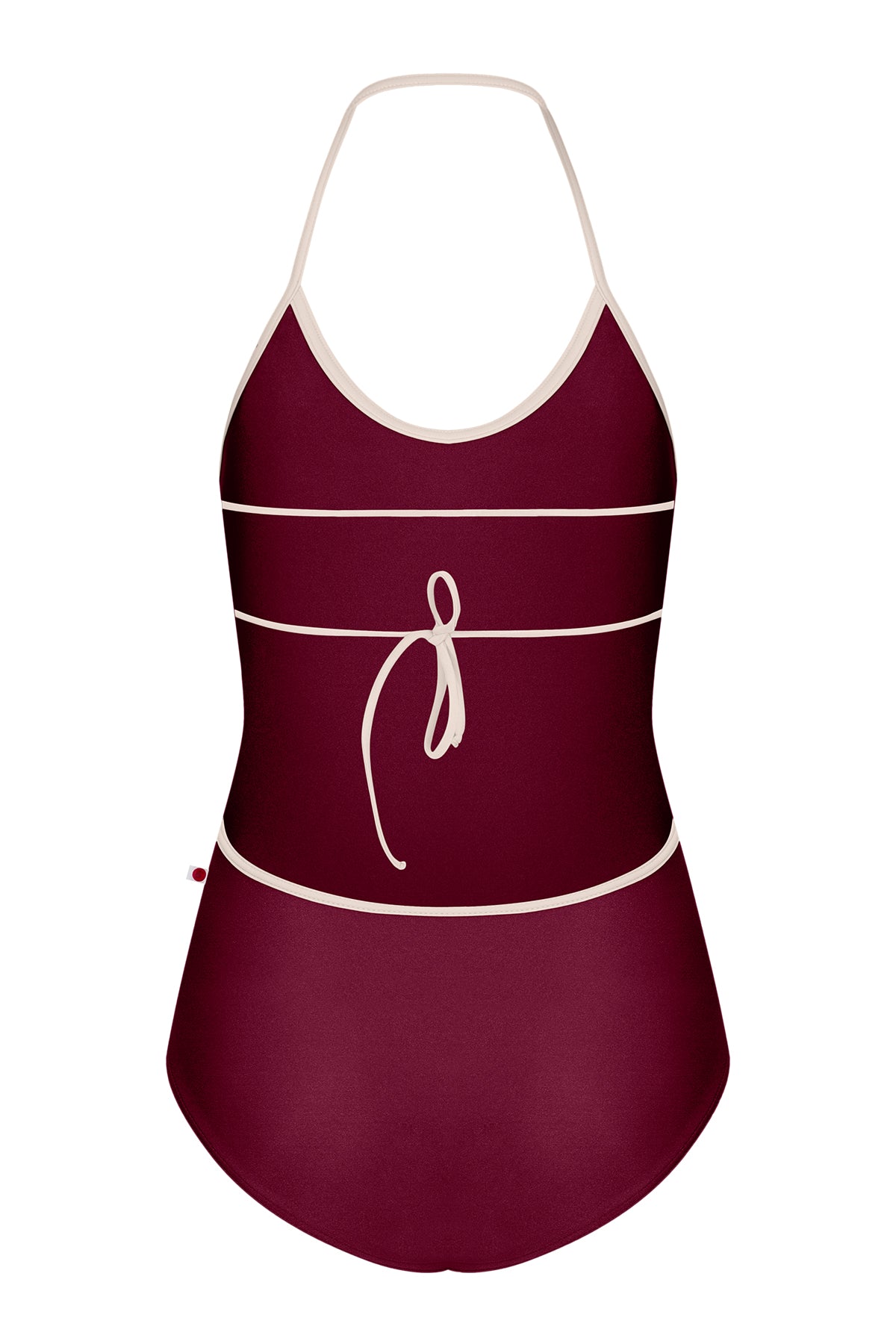 Kate leotard, deep-burgundy with a cream-trimmed halter neckline and open back.