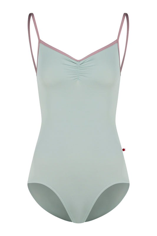 Kiki leotard, pale sage-green with a ruched V-neck and dusty-pink strap trim.