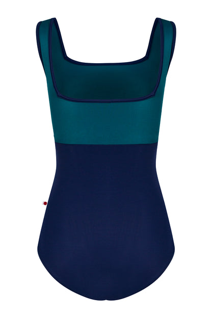 Marieke leotard, teal square-neck bodice and a navy body with navy trim.