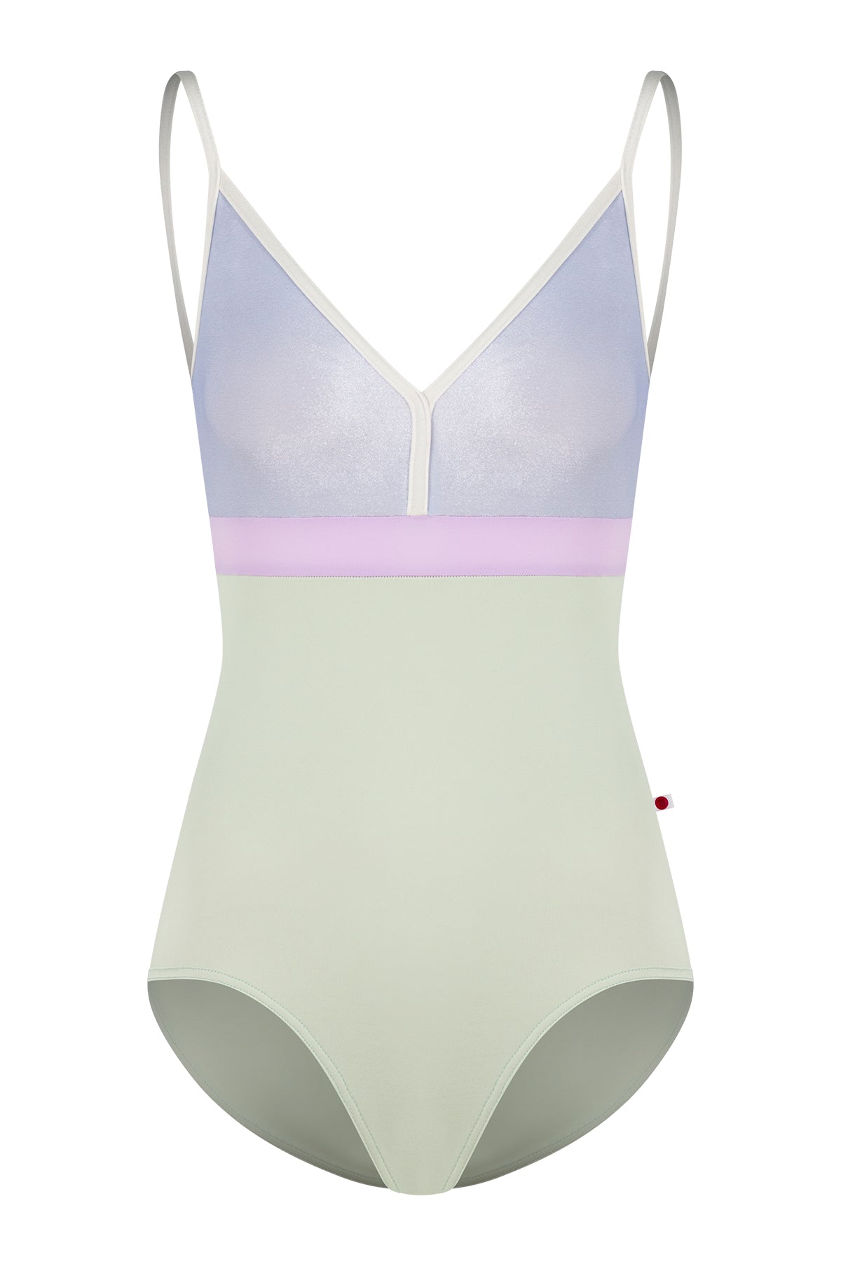 Zoe leotard, lilac velvet V-neck bodice with a pistachio body and lilac waistband, thin cream straps.