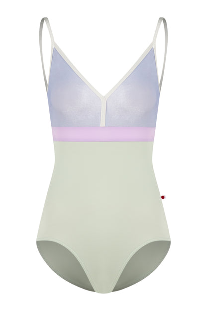 Zoe leotard, lilac velvet V-neck bodice with a pistachio body and lilac waistband, thin cream straps.