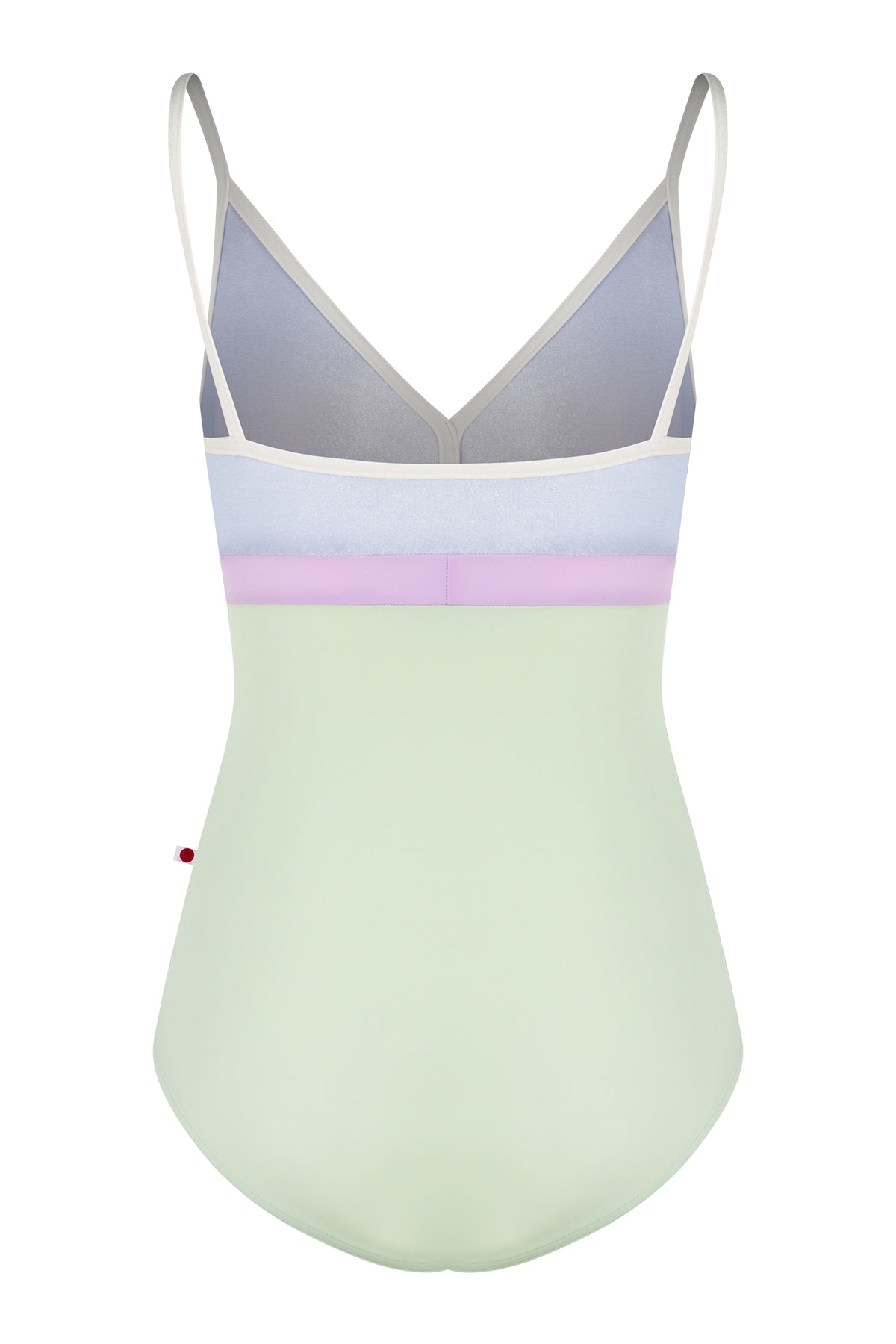 Zoe leotard, lilac velvet V-neck bodice with a pistachio body and lilac waistband, thin cream straps.