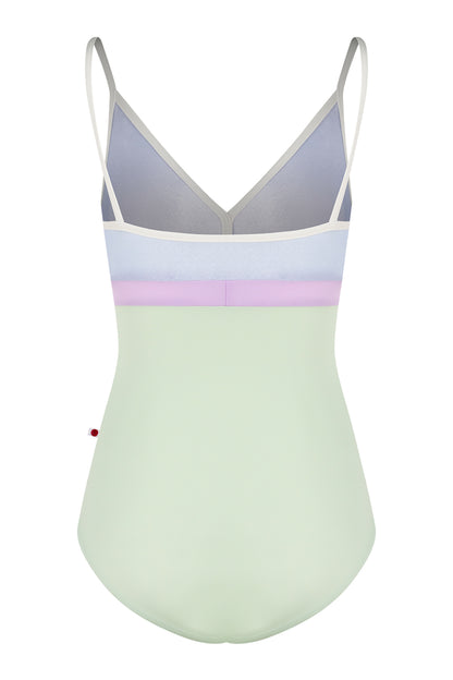 Zoe leotard, lilac velvet V-neck bodice with a pistachio body and lilac waistband, thin cream straps.