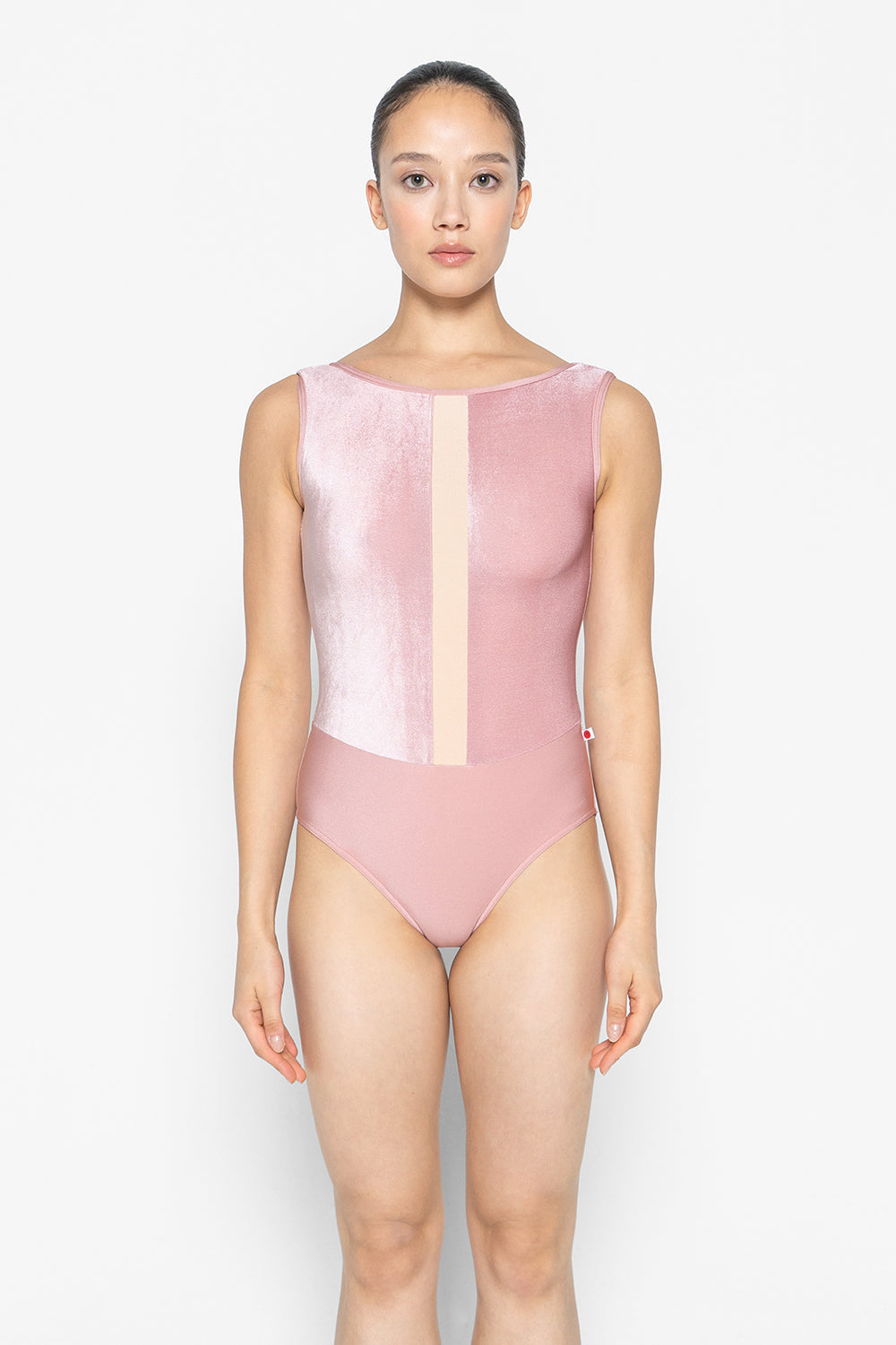 Didi leotard in N-Antique Rose body & trim color with V-Dreamy top color and N-Base middle band