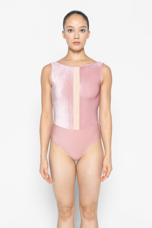 Didi leotard in N-Antique Rose body & trim color with V-Dreamy top color and N-Base middle band