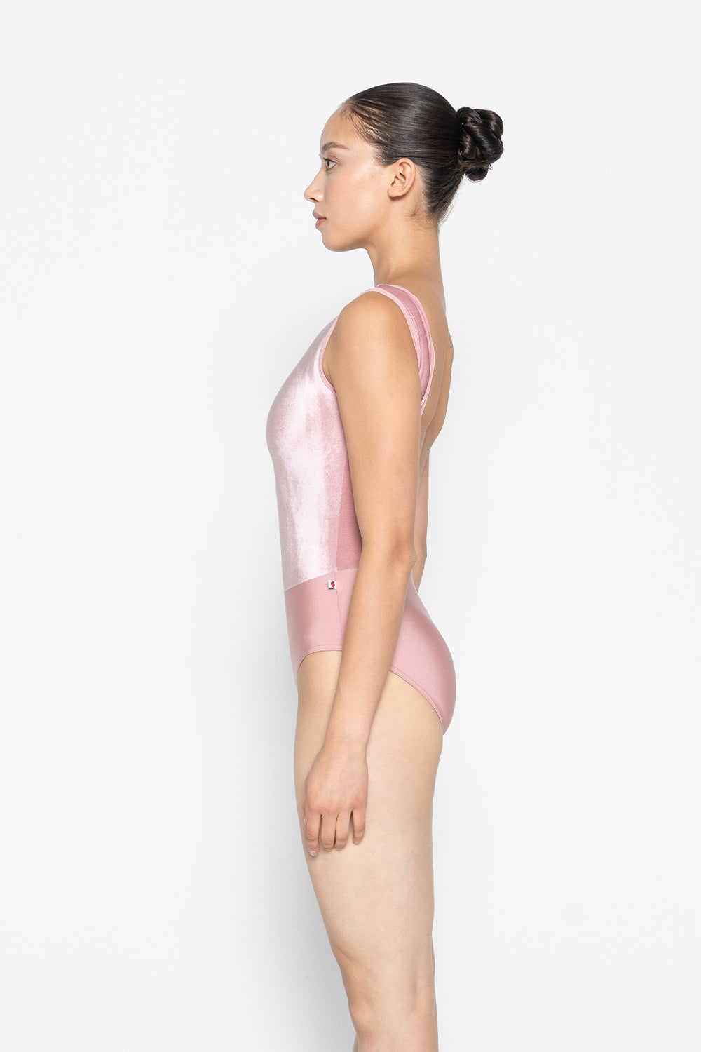 Didi leotard in N-Antique Rose body & trim color with V-Dreamy top color and N-Base middle band