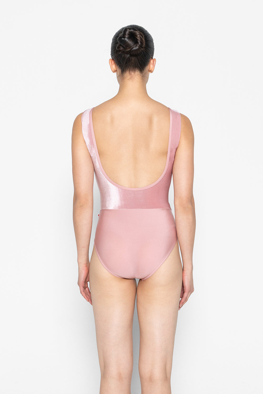 Didi leotard in N-Antique Rose body & trim color with V-Dreamy top color and N-Base middle band