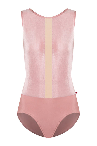 Didi leotard in N-Antique Rose body & trim color with V-Dreamy top color and N-Base middle band