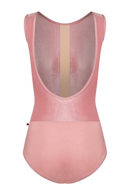 Didi leotard in N-Antique Rose body & trim color with V-Dreamy top color and N-Base middle band