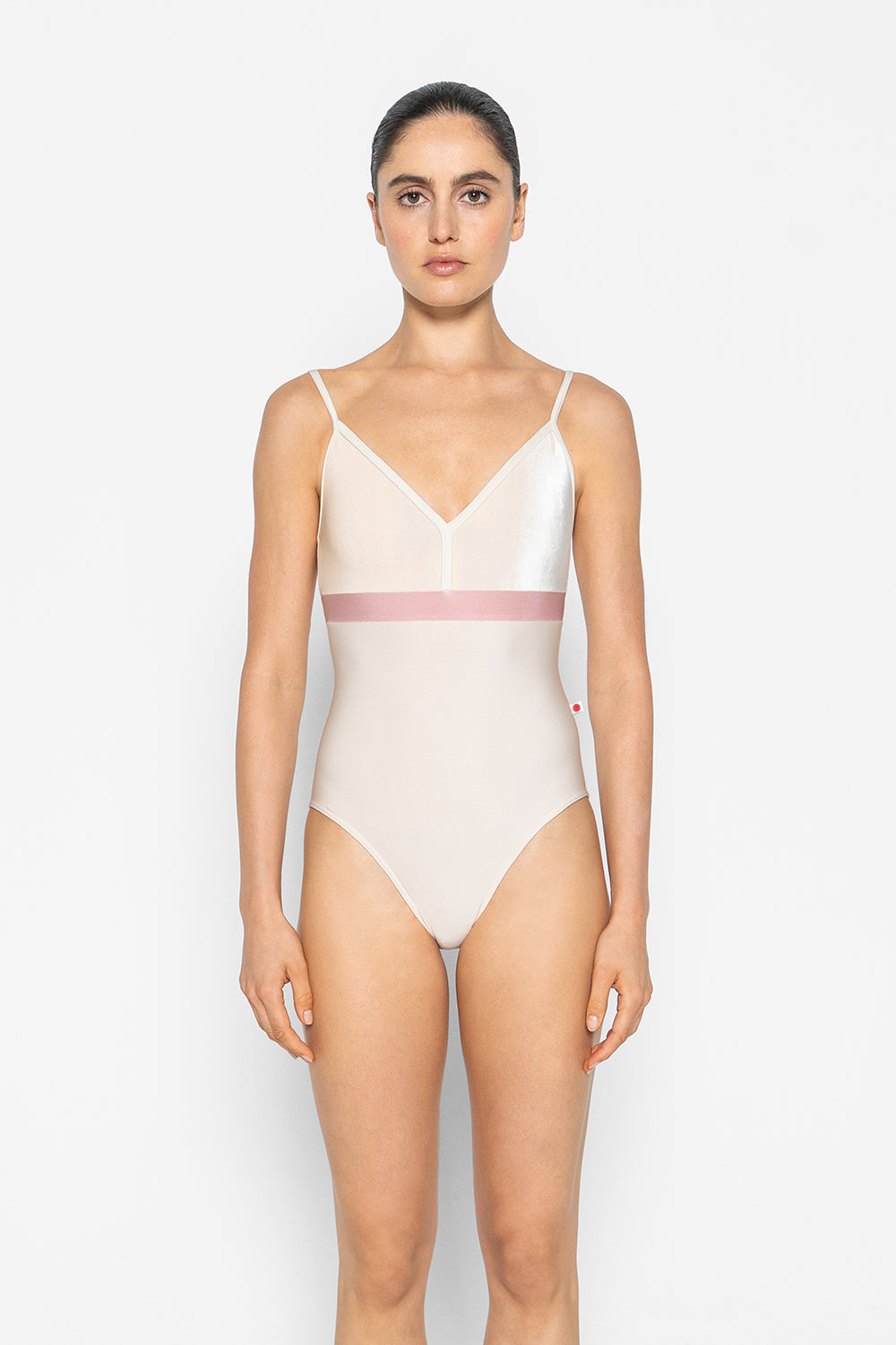 Zoe leotard in N-Pearl body & trim color with V-Buttermilk top color and N-Antique Rose middle band color