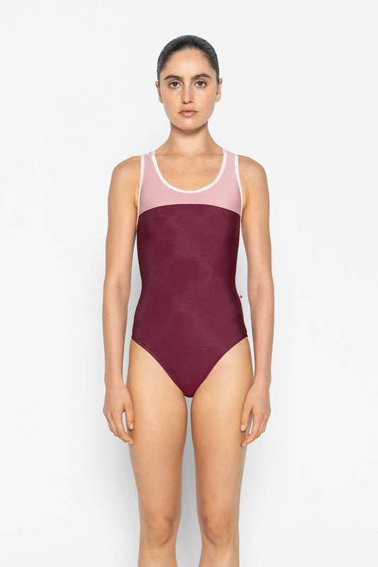 Erica leotard in N-Burgundy body color with N-Antique Rose top color and CV-Misty Rose trim color