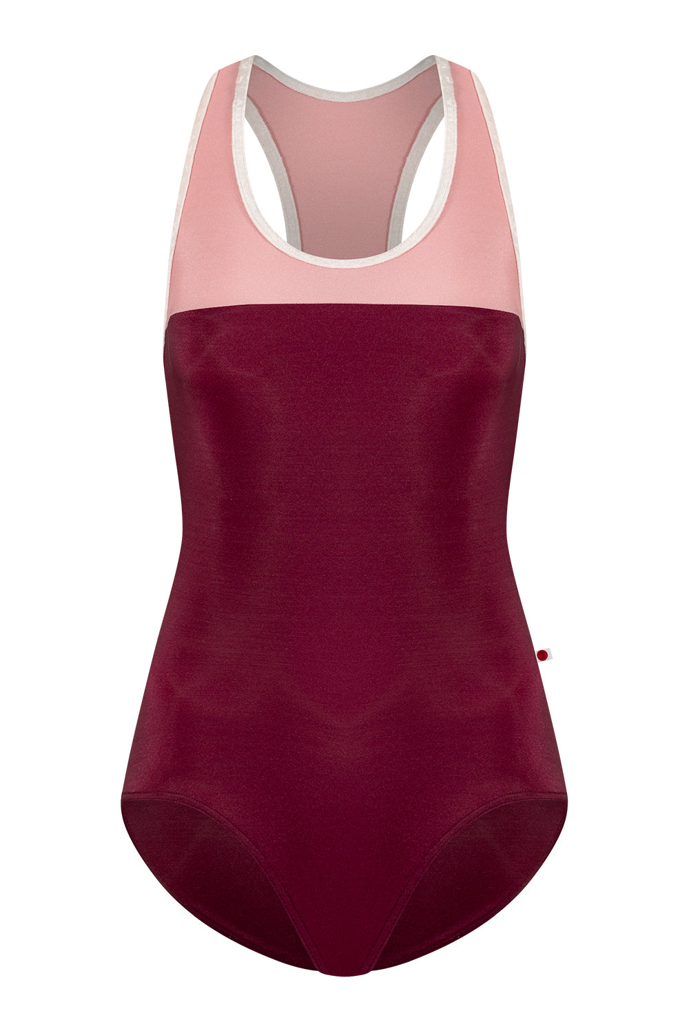 Erica leotard in N-Burgundy body color with N-Antique Rose top color and CV-Misty Rose trim color