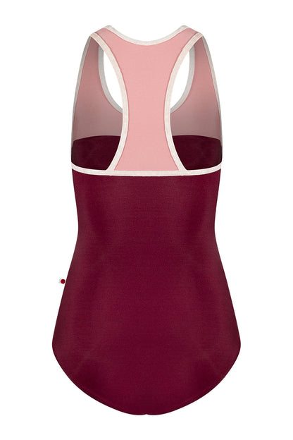 Erica leotard in N-Burgundy body color with N-Antique Rose top color and CV-Misty Rose trim color