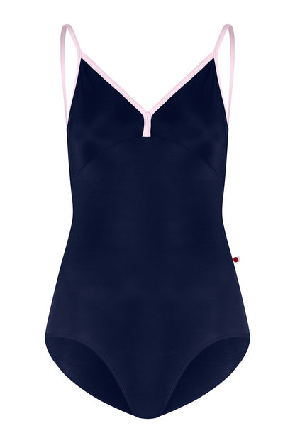 Kids Daria leotard in N-Dark Blue body & top color with N-Rose trim color