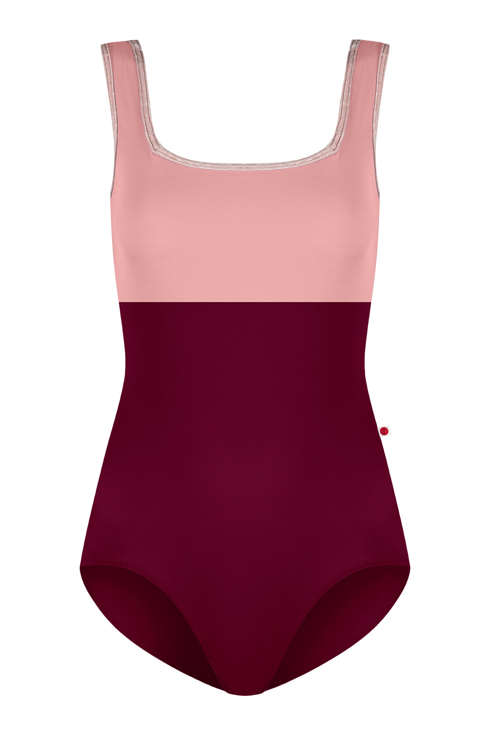 Kids Marieke leotard in N-Burgundy body color with N-Antique Rose top color and CV-Misty Rose trim color