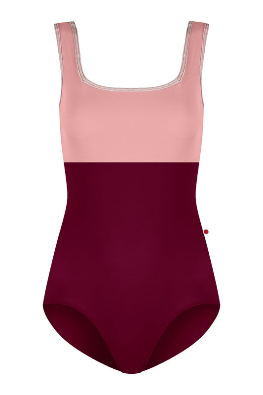 Kids Marieke leotard in N-Burgundy body color with N-Antique Rose top color and CV-Misty Rose trim color
